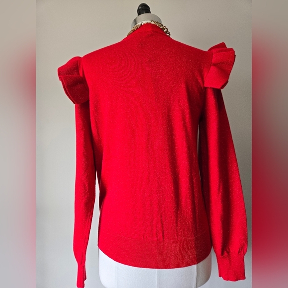 MOLLY BRACKEN NWT Red Sparkle V-Neck Sweater with Ruffle Shoulders. Size Large - Picture 6 of 13